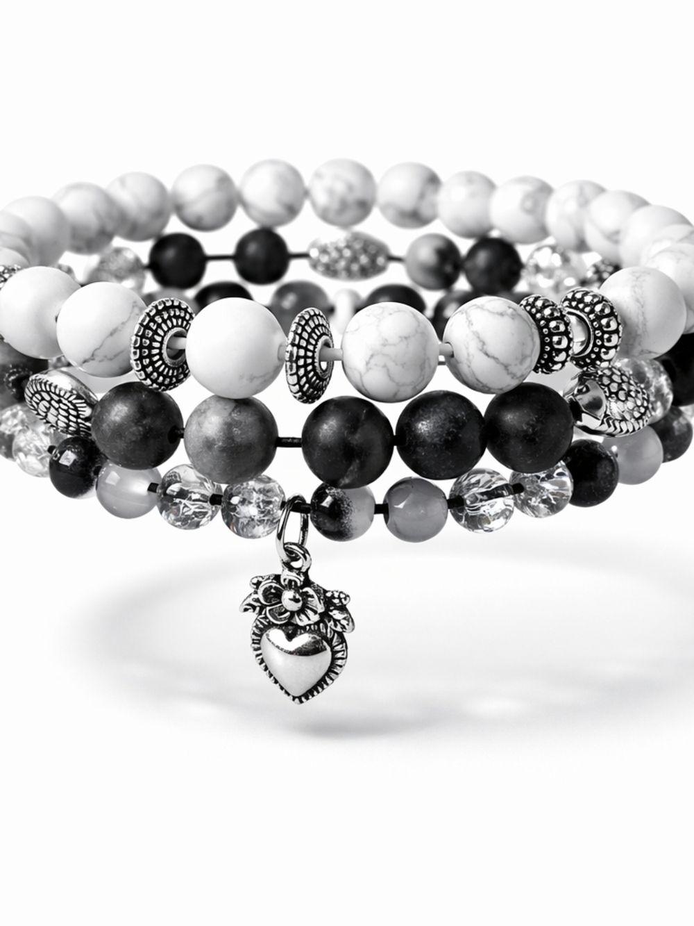 Hand Crafted Black & White Beaded Bracelet Stack with Heart Charm
